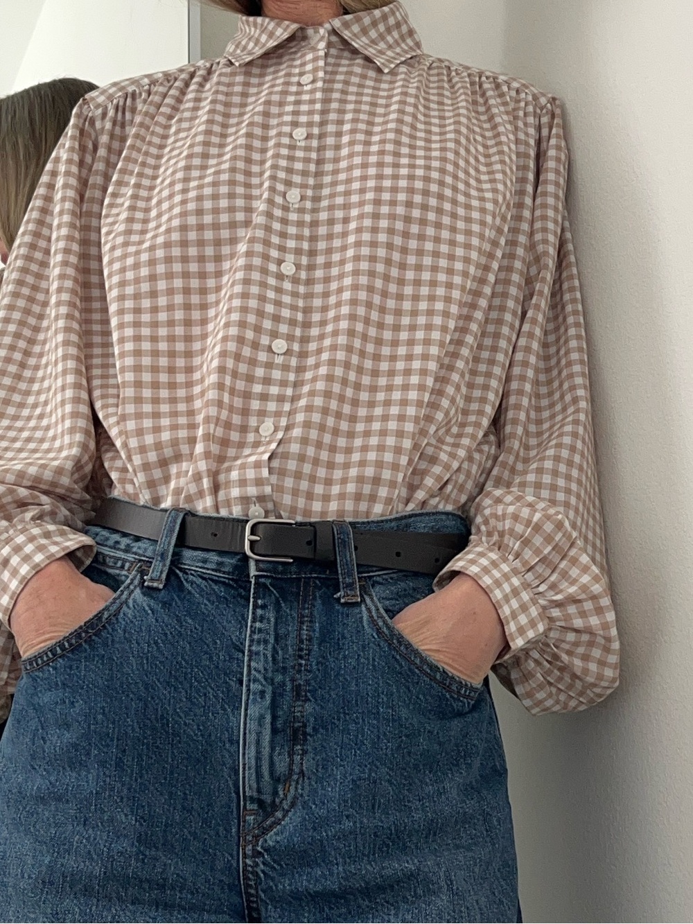 Uniqlo C Gathered Checked Volume Long-sleeve Blouse 32 Beige XS